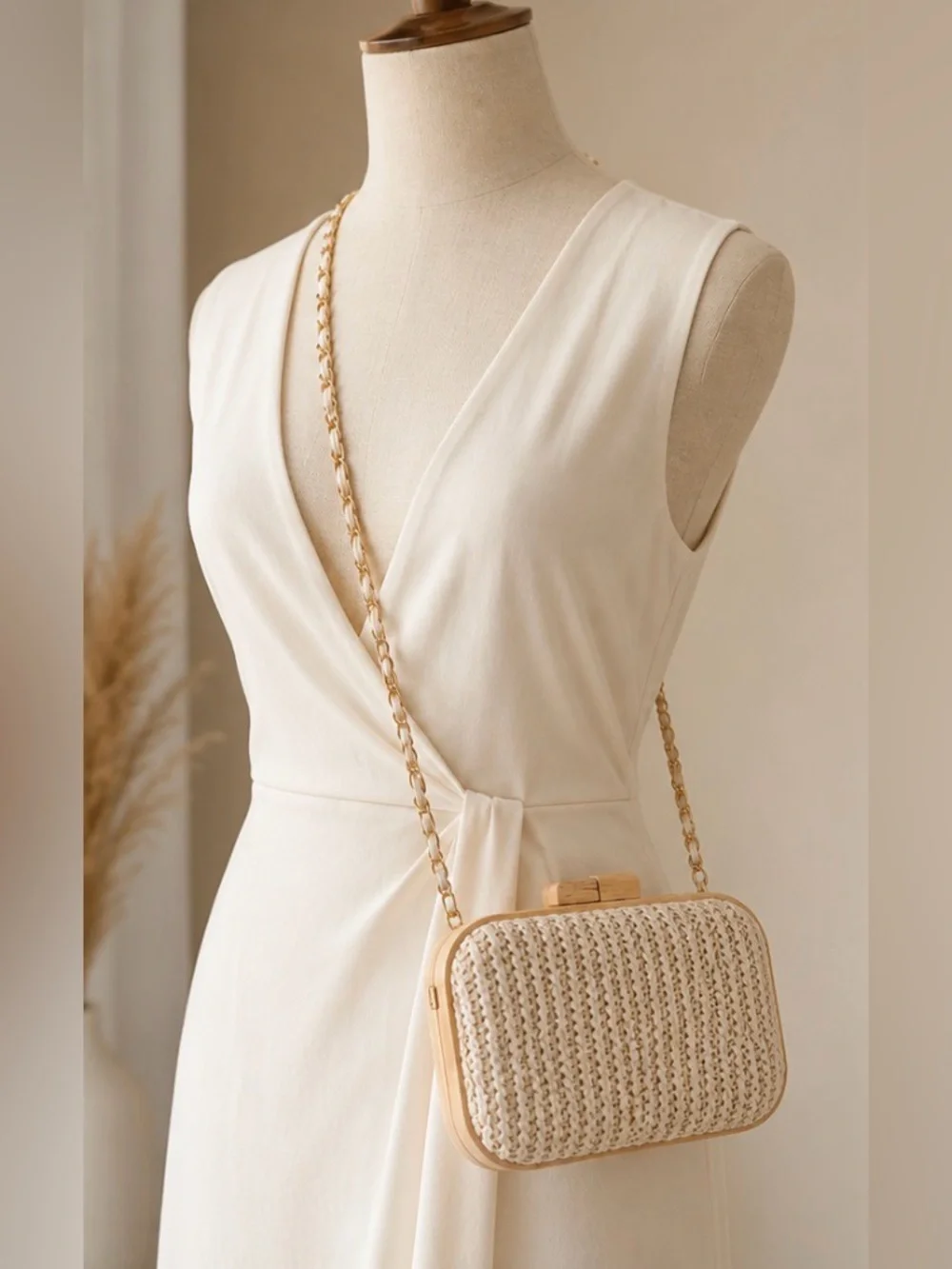 Tommy Bahama Raffia Woven Wood Frame Crossbody Clutch Gold Chain Natural NWT